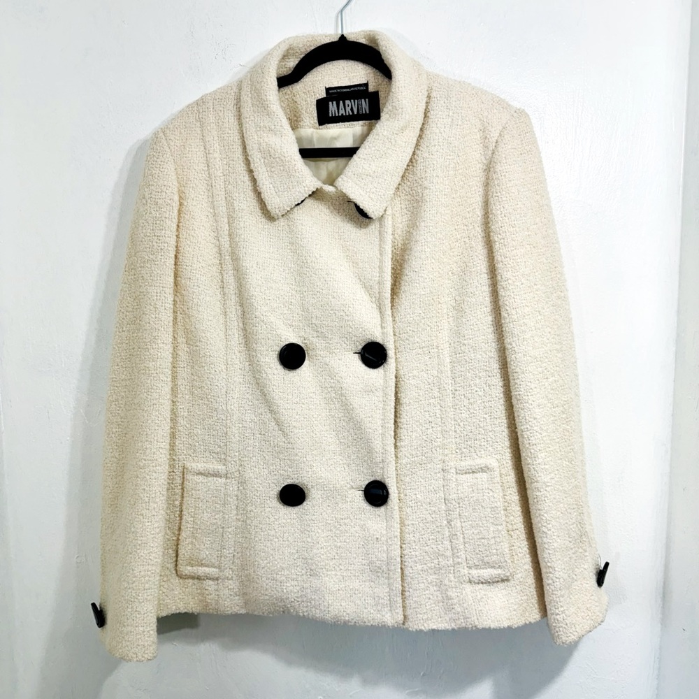 XL Marvin Richards -Tweed cream 60% wool peacoat.Large black buttons.2 pockets.